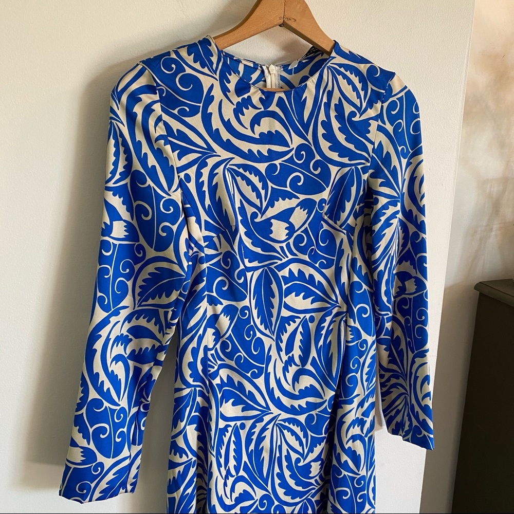 Zara Satin Blue Tan Long Sleeve Midi Dress Size XS - Picture 10 of 13